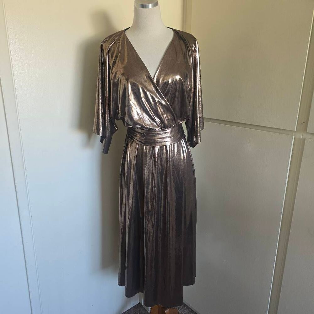 Zara Bronze Metallic V Neck Midi Dress, 3/4 Slv, Pullover, NWOT, M